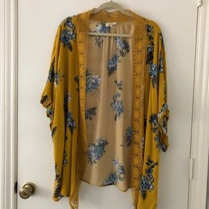 Crepe Mustard Lace Trim Kimono | PLUS
